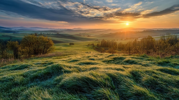 Foto gratuito amanecer dorado sobre colinas verdes ondulantes