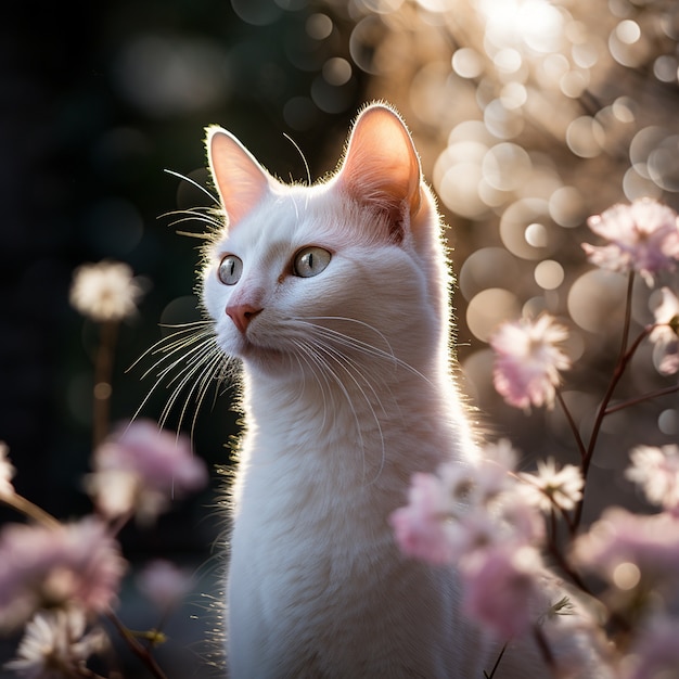 Photo Gratis anak kucing cantik dengan bunga di luar ruangan