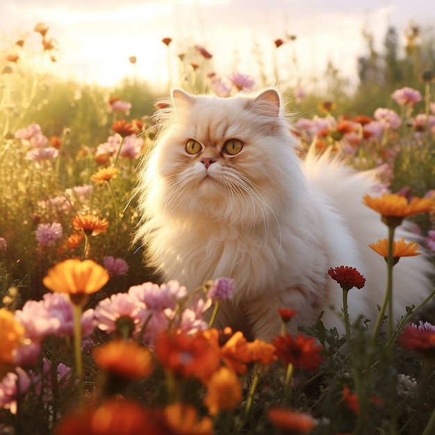 Photo Gratis anak kucing cantik dengan bunga di luar ruangan