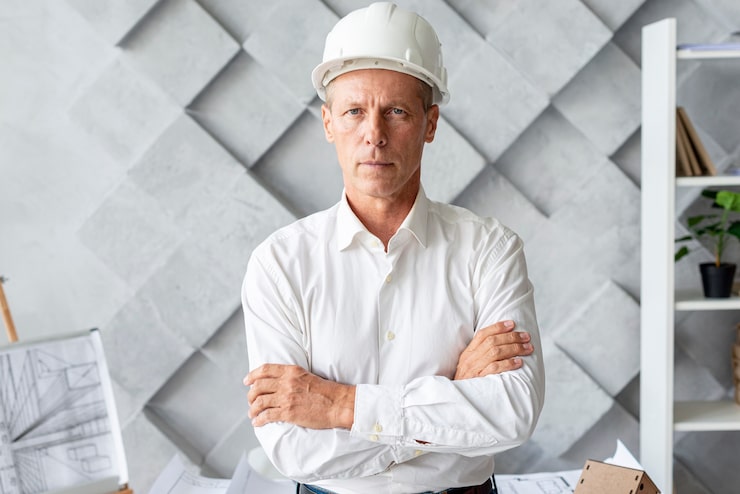 Foto gratuito arquitecto exitoso con casco de seguridad