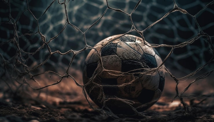 Foto gratuito balón de fútbol sucio en un campo de hierba mojada generado por ia
