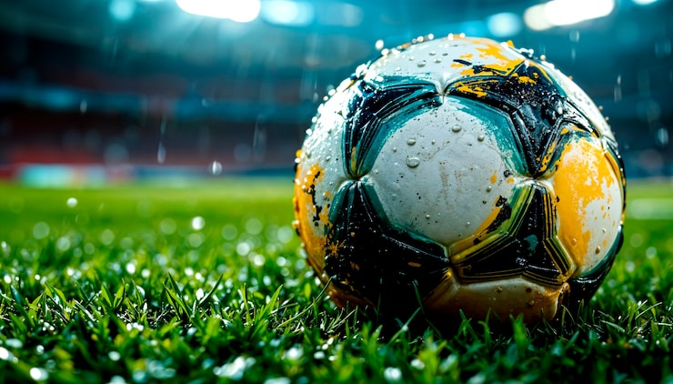 Foto gratuito bola de fútbol en el césped mojado