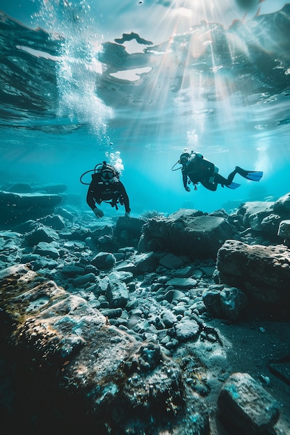 Foto gratuito buceo bajo el mar rodeado de ruinas de edificios arqueológicos