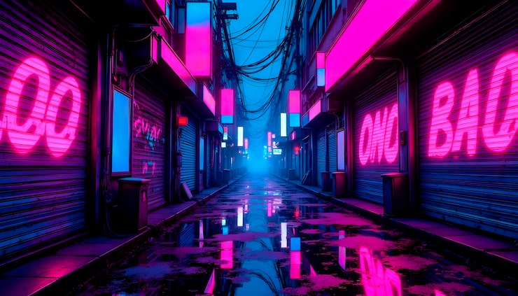 Foto gratuito callejón cyberpunk con luces de neón