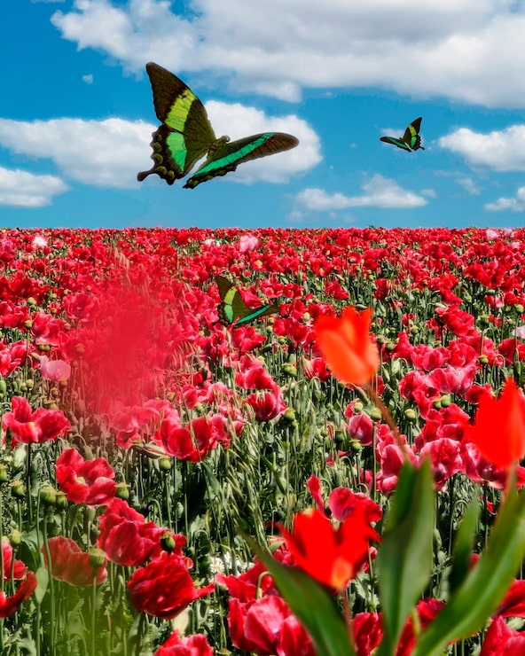 Foto gratuito escena de primavera con flores y mariposas