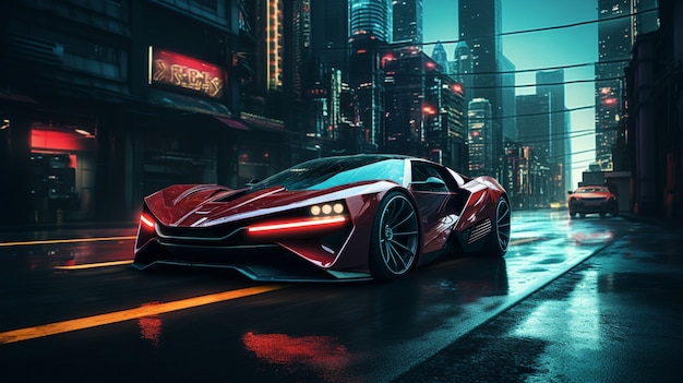 Foto gratuito escenario urbano cyberpunk con coche.