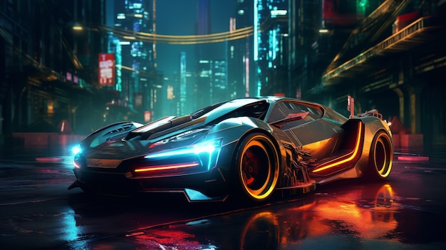 Foto gratuito escenario urbano cyberpunk con coche.