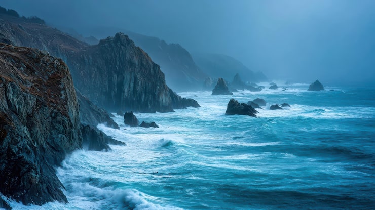 Foto gratuito espectacular costa rocosa con olas oceánicas rompiendo