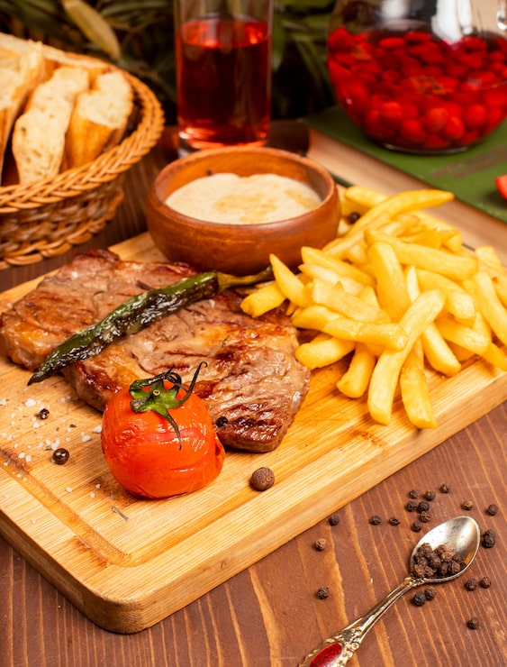 Foto gratuito filete de ternera con papas fritas, salsa de mayonesa con crema agria y hierbas en un plato de madera