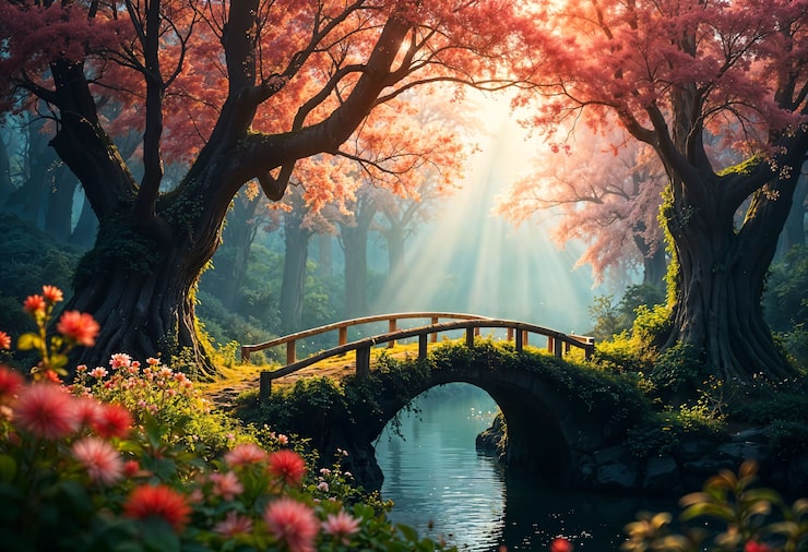 Foto gratuito el fondo del puente del bosque encantado