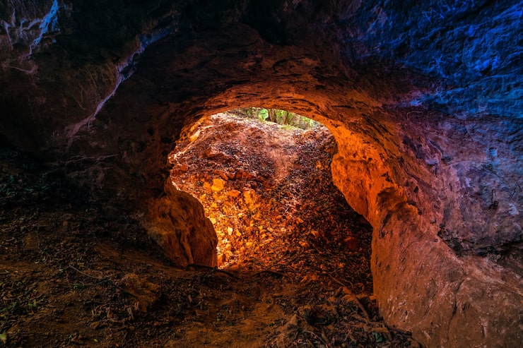 Foto gratuito fotografía en bajo ángulo de un agujero redondo como entrada a la cueva