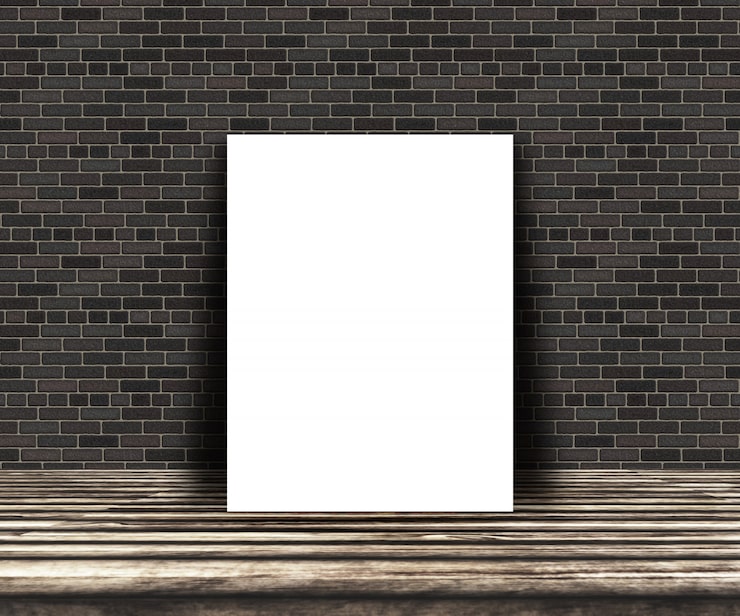 Photo Gratis gambar kosong 3d di atas meja kayu bersandar di dinding bata