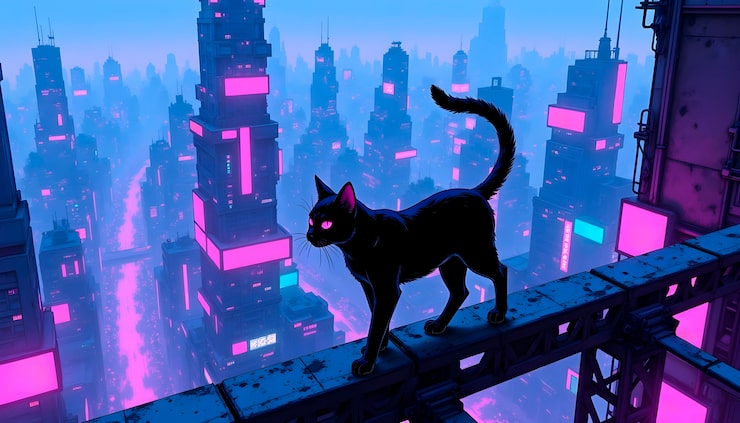 Foto gratuito gato negro cyberpunk en la azotea