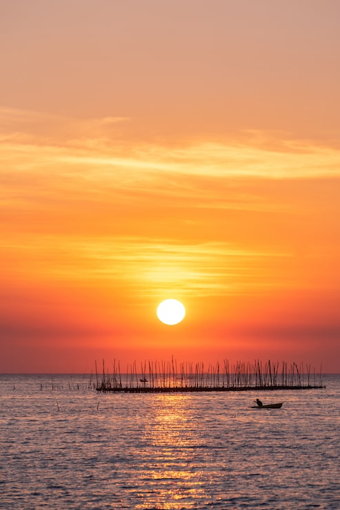 Foto gratuito granja de ostras en el mar y hermoso cielo al atardecer