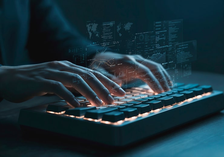 Foto gratuito hacker usando un teclado de computadora con visualización de datos