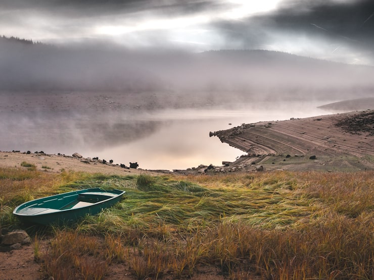 Foto gratuito hermoso tiro de barco verde en una colina cubierta de hierba cerca del mar con niebla