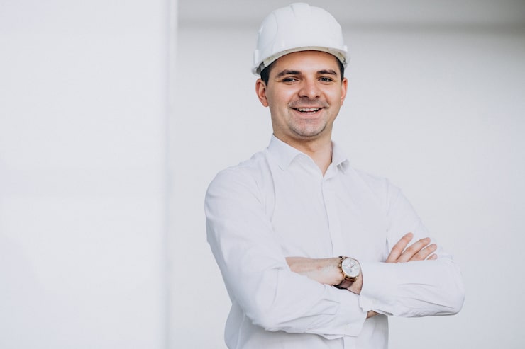 Foto gratuito hombre de negocios guapo ingeniero con casco en un edificio