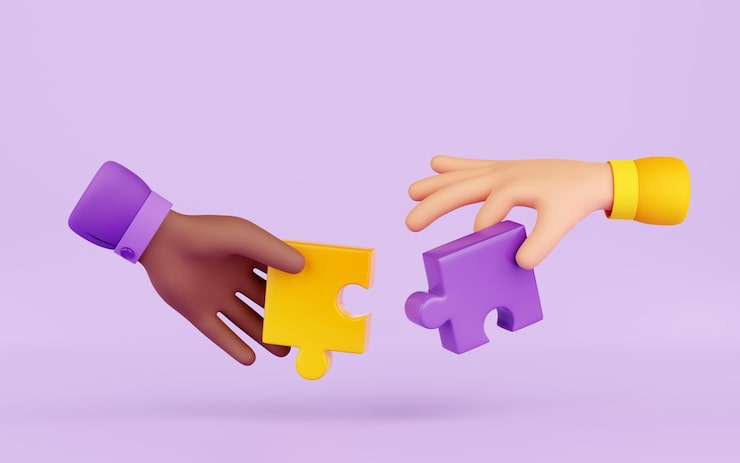 Foto gratuito ilustración 3d con dos manos con piezas de rompecabezas.