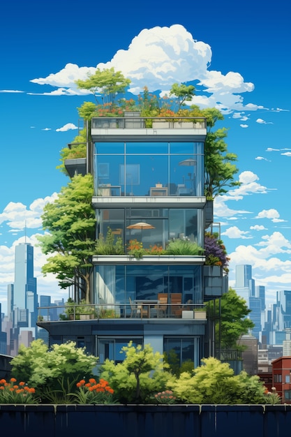 Foto gratuito ilustración de un edificio plano de anime