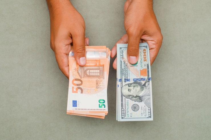 Foto gratuito manos sosteniendo dólares y euros.