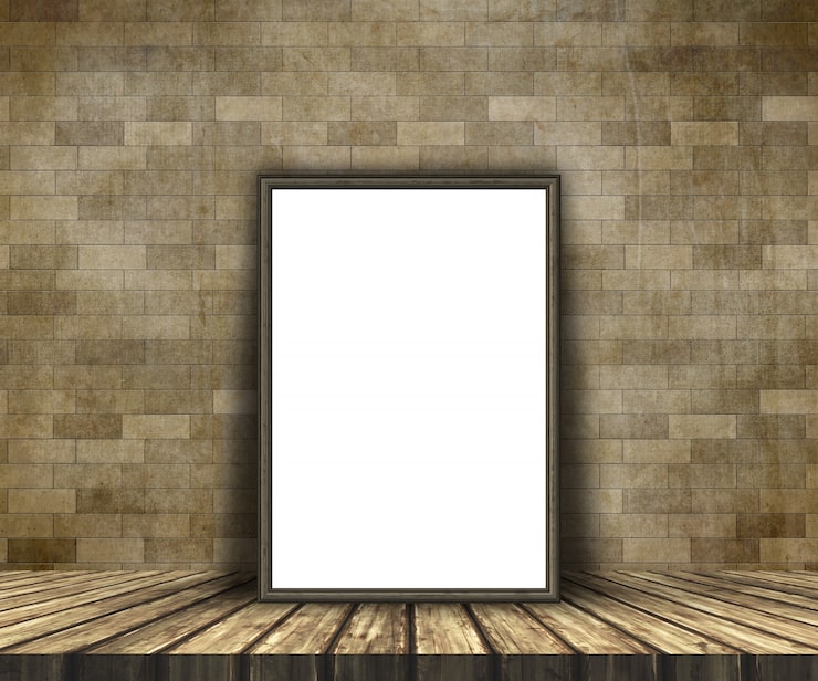 Photo Gratis mockup 3d dari gambar kosong di atas meja kayu dengan latar belakang dinding bata