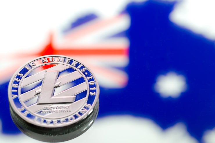 Foto gratuito monedas litecoin, en el contexto de australia y la bandera australiana, primer plano.