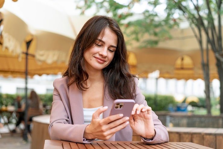 Foto gratuito mujer, desplazamiento, en, teléfono, plano medio