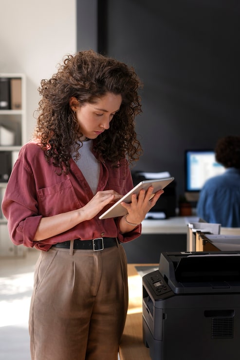 Foto gratuito mujer de tiro medio que trabaja con tableta