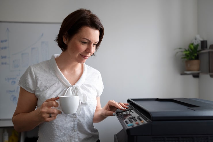 Foto gratuito mujer trabajando en la oficina y usando impresora