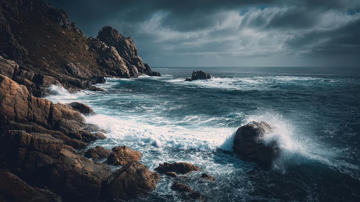 Foto gratuito olas dramáticas de tormenta costera rompiendo contra acantilados rocosos en un sombrío blanco y negro