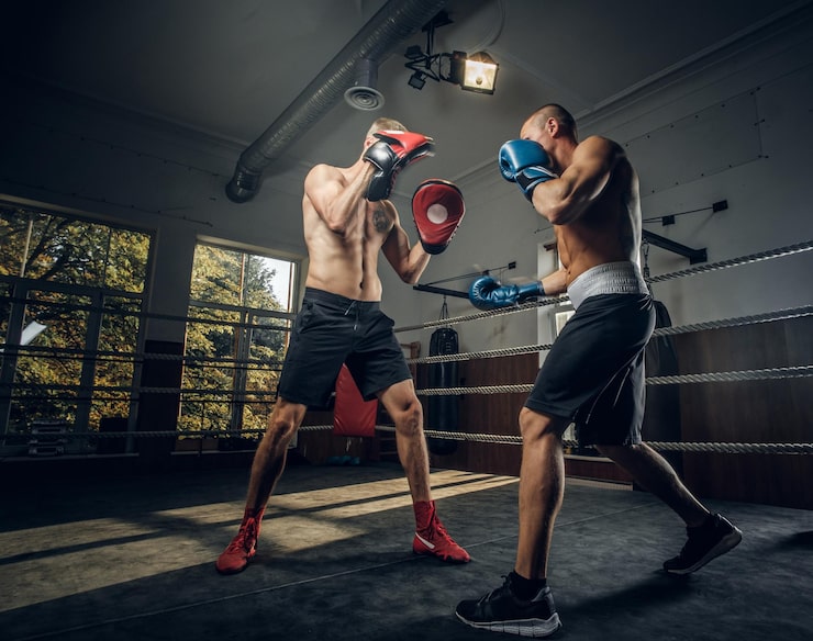 Foto gratuito un par de jóvenes boxeadores tiene una competencia en el ring en el estudio de lucha.