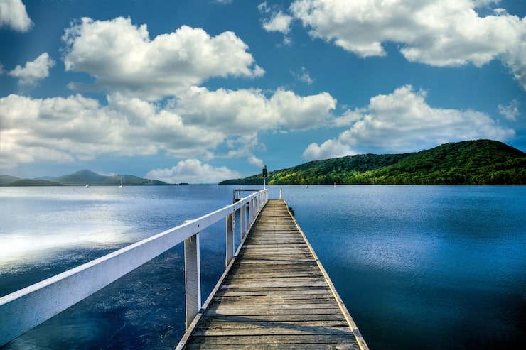 Foto gratuito pasarela de madera que conduce al lago.