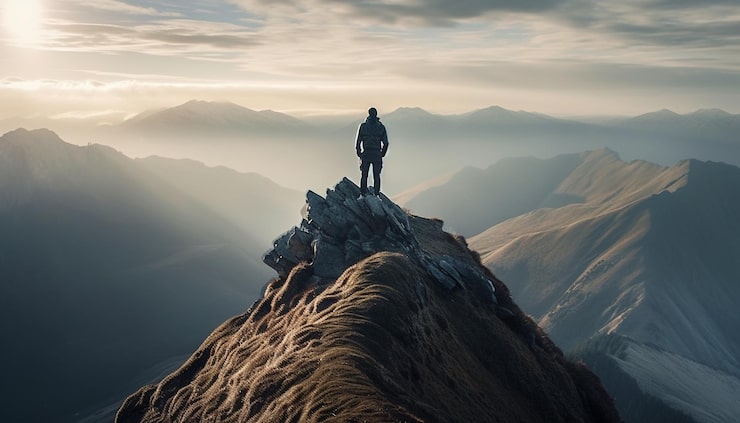 Foto gratuito de pie en la cima de la cima de la montaña, éxito logrado generado por ia