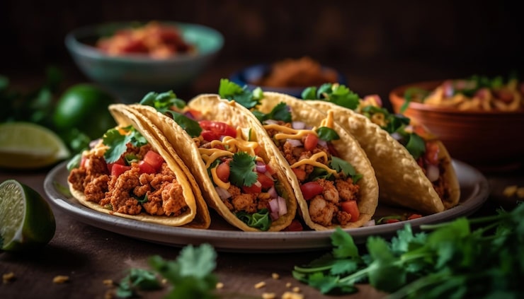 Foto gratuito un plato de tacos con una pila de tacos en el lado