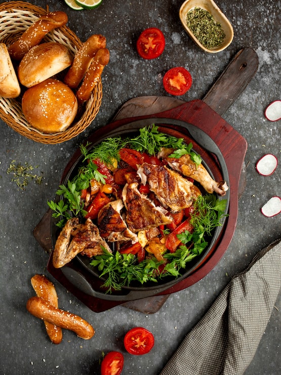 Foto gratuito pollo frito con verduras y hierbas en una sartén de aluminio