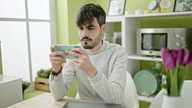 Photo Gratis pria hispanik muda bermain video game dengan smartphone di ruang makan