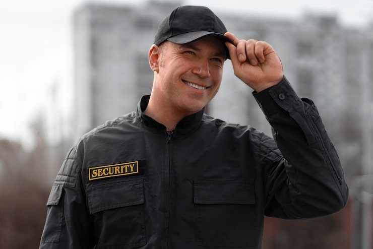 Foto gratuito retrato de guardia de seguridad masculino con uniforme