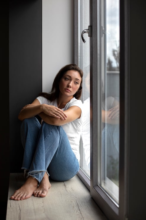 Foto gratuito retrato de mujer joven con baja autoestima sentada junto a la ventana en casa