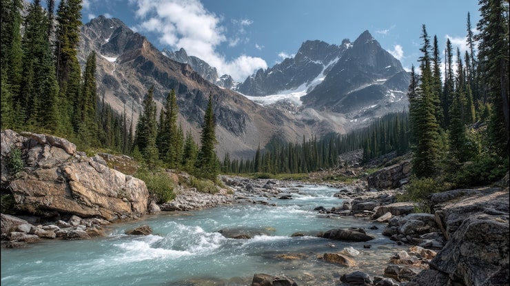 Foto gratuito río glacial serpenteando por un valle de montaña con bosques de pinos.