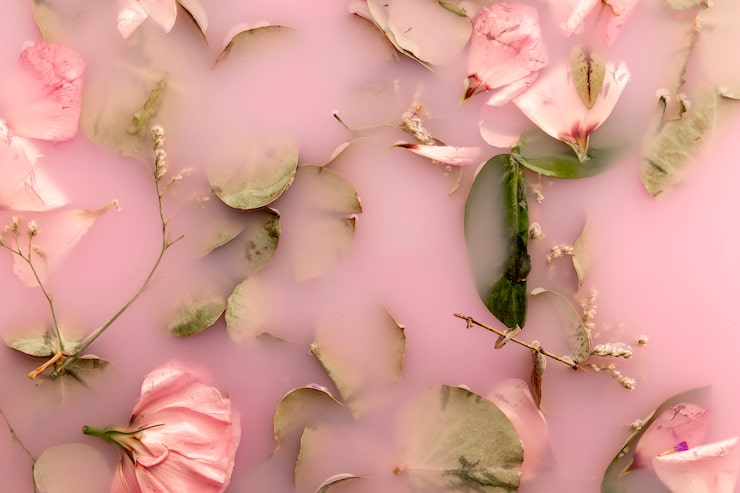 Foto gratuito rosas rosas y hojas en agua de color rosa