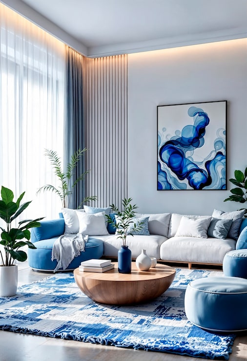 Foto gratuito sala de estar moderna con acentos azules