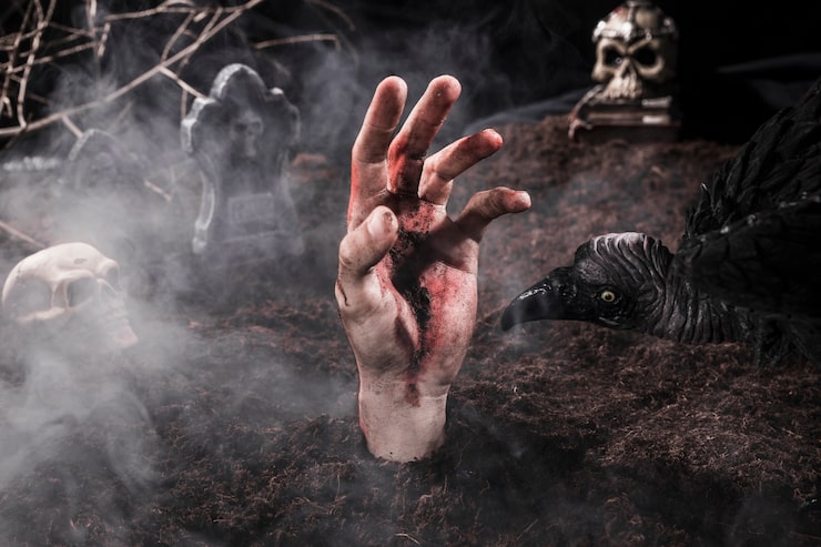 Foto gratuito sucio zombie mano y miedo pájaro en el cementerio de halloween