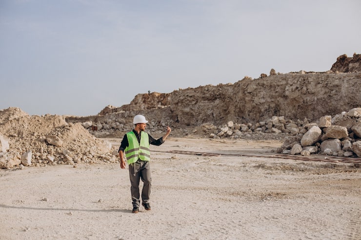 Foto gratuito trabajador con sombrero duro de pie en una cantera de arena