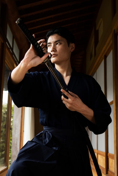 Foto gratuito giovane uomo asiatico con la spada del samurai