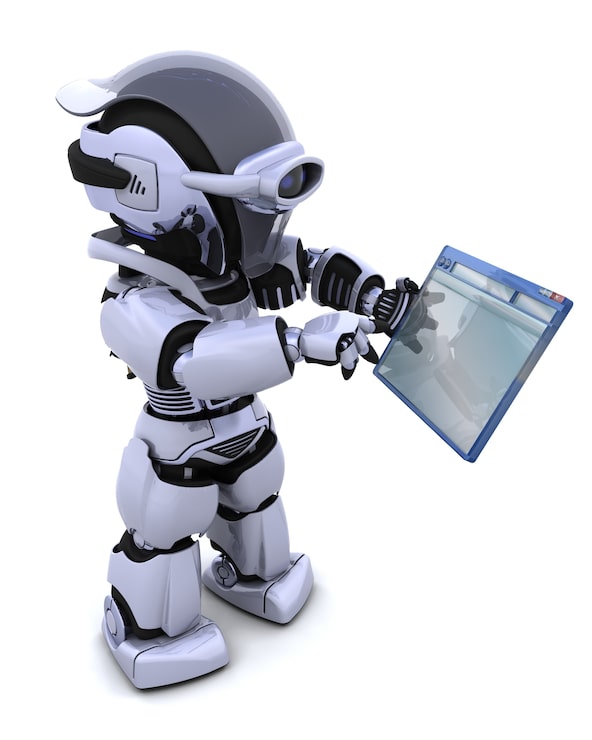 Foto gratuito il rendering 3d di robot navigare attraverso la finestra del computer