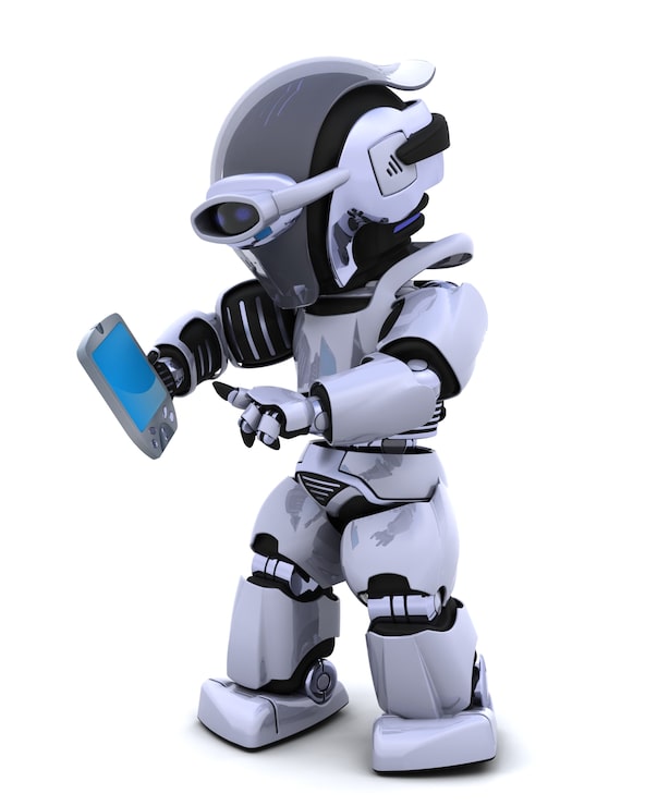 Foto gratuito il rendering 3d di un robot carattere servivano un palmare