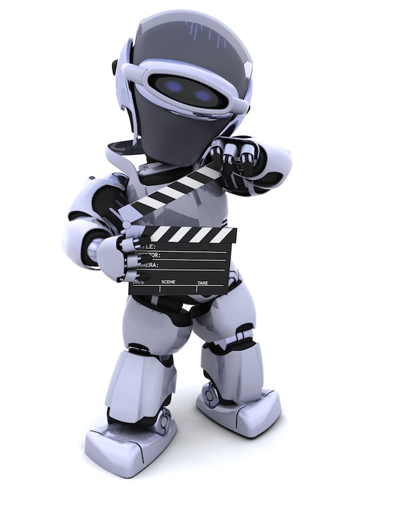 Foto gratuito il rendering 3d di un robot con ciak