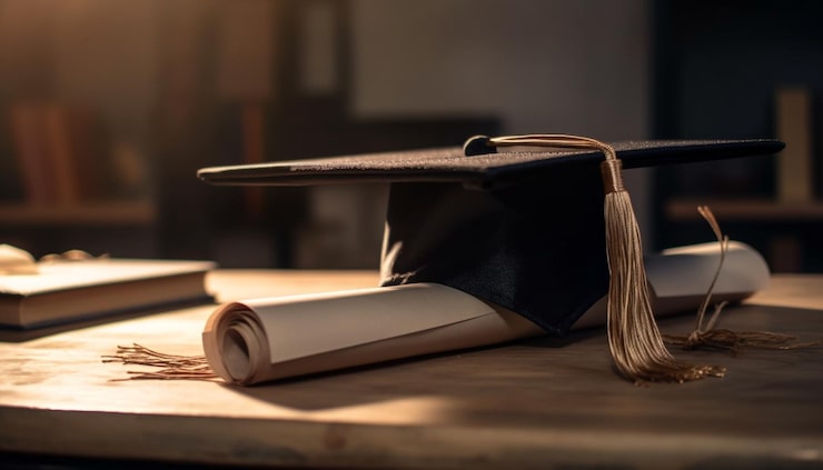 Foto gratuito pila di diplomi su sfondo antico scaffale generato da ai