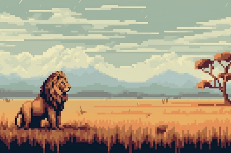 Foto gratuito scena di pixel grafici a 8 bit con leone
