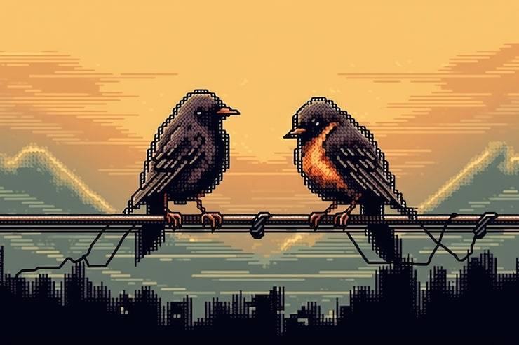 Foto gratuito scena di pixel grafici a 8 bit con uccelli